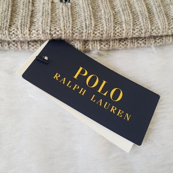 Polo Ralph Lauren Merino Wool Cuffed Beanie Unisex Hat Pony Logo Tan Gray New - Picture 4 of 5